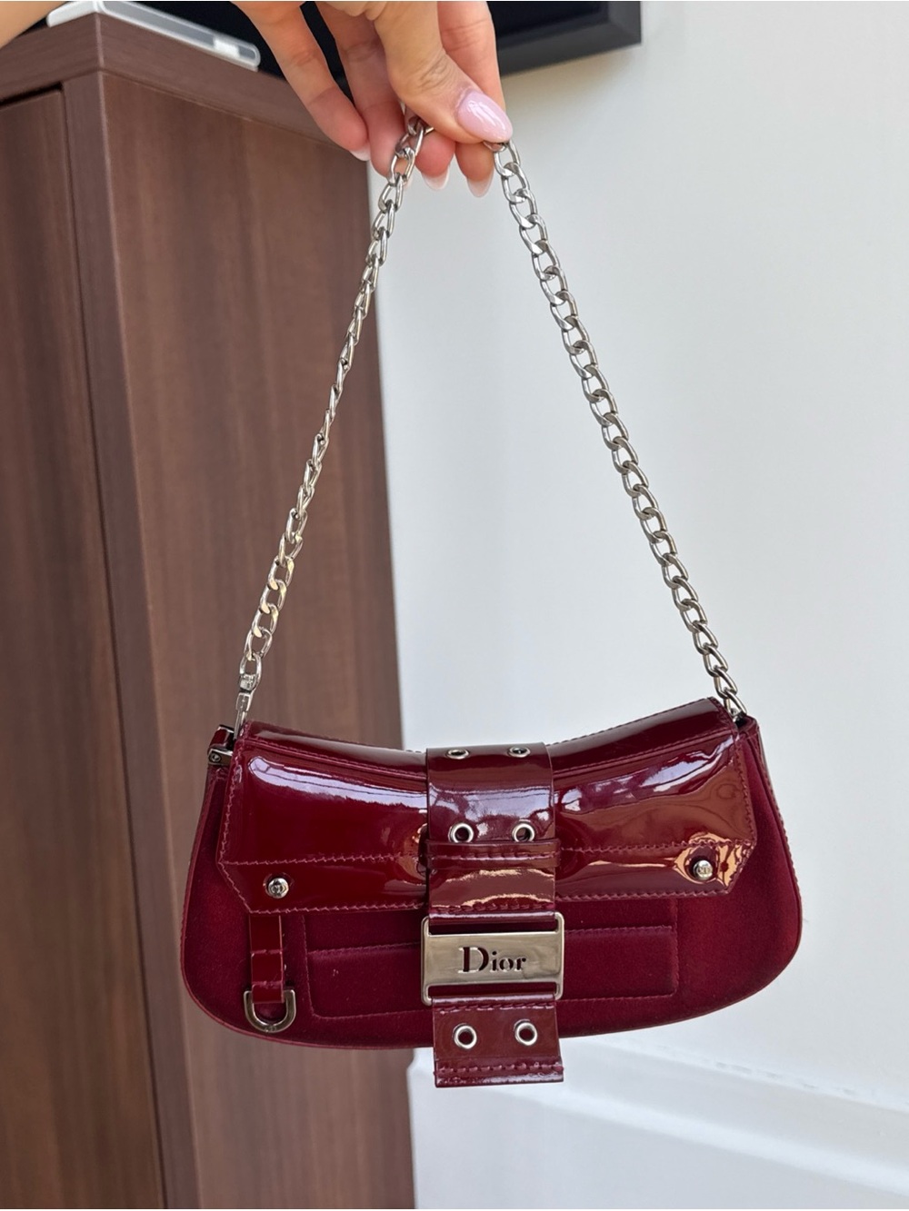 Dior Patent Burgundy Shoulder Bag with Silver Chain